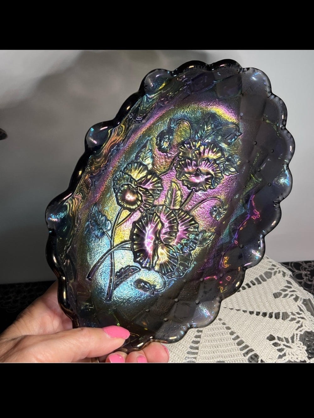 Vintage Imperial Carnival Glass Dish Amethyst “Poppy” Pattern, Quilted Diamond